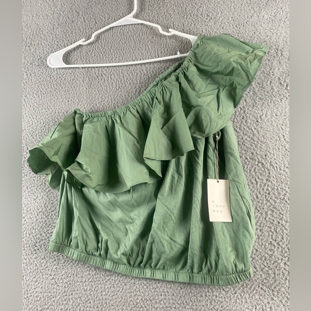 A New Day Blouse Womens Large Green One Shoulder Ruffle Top Shirt